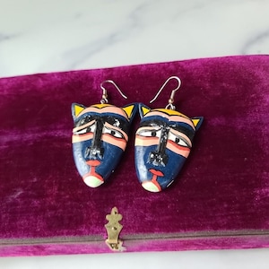 Vintage Handpainted Wooden Cat Dangling Pierced Earrings