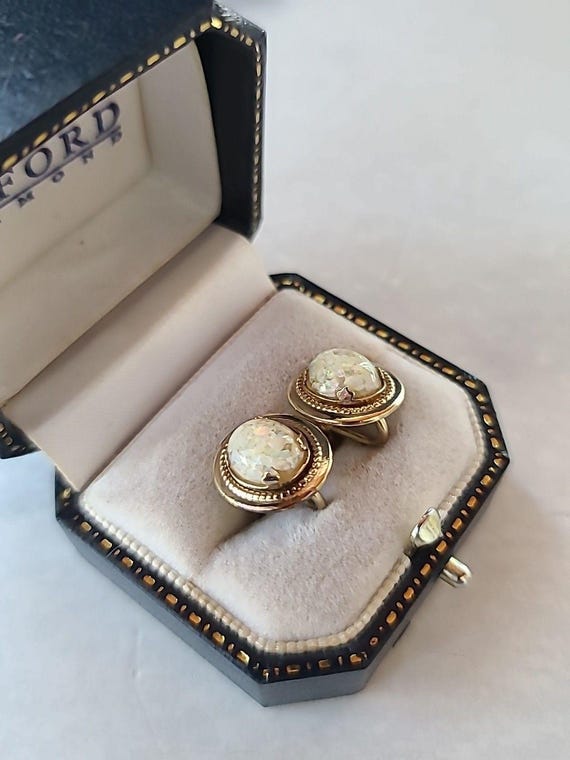 Amco 14K Gold Filled Floating Opal Screwback Earrings Vintage View 4