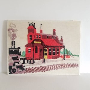 Vintage Crewel Art, Caron Crewel 6122 Train Depot 1977, Kids Room, Nursery Decor