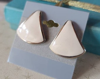 Triangular Beige and Gold Enamel Clip-on Earrings