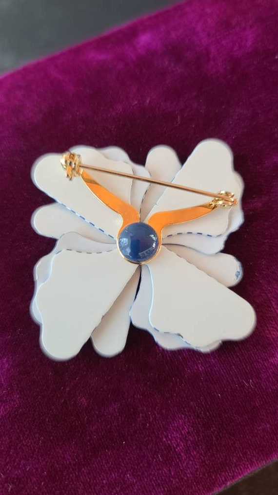 Vintage Blue and White Striped Floral Brooch - image 6