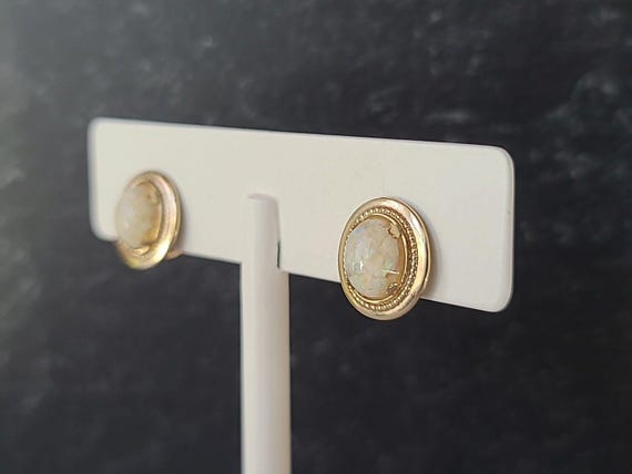 Amco 14K Gold Filled Floating Opal Screwback Earrings Vintage View 6
