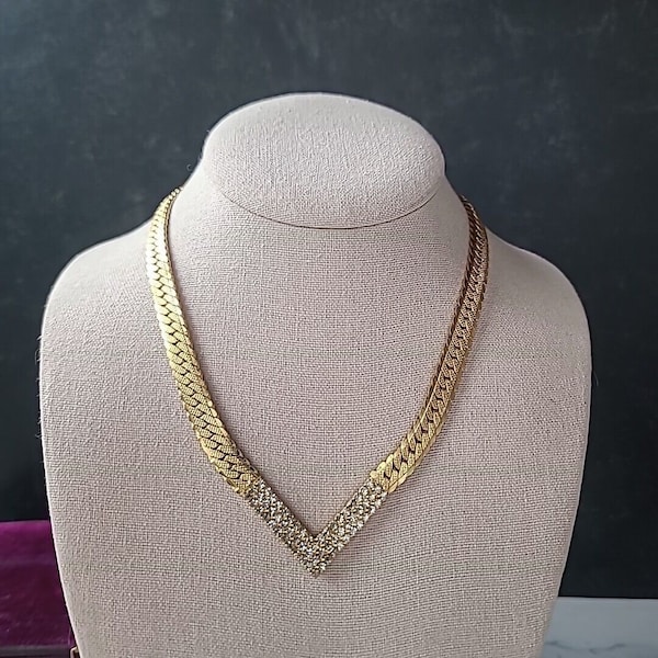 Vintage Gold Tone Herringbone Park Lane V Shaped Rhinestone Necklace