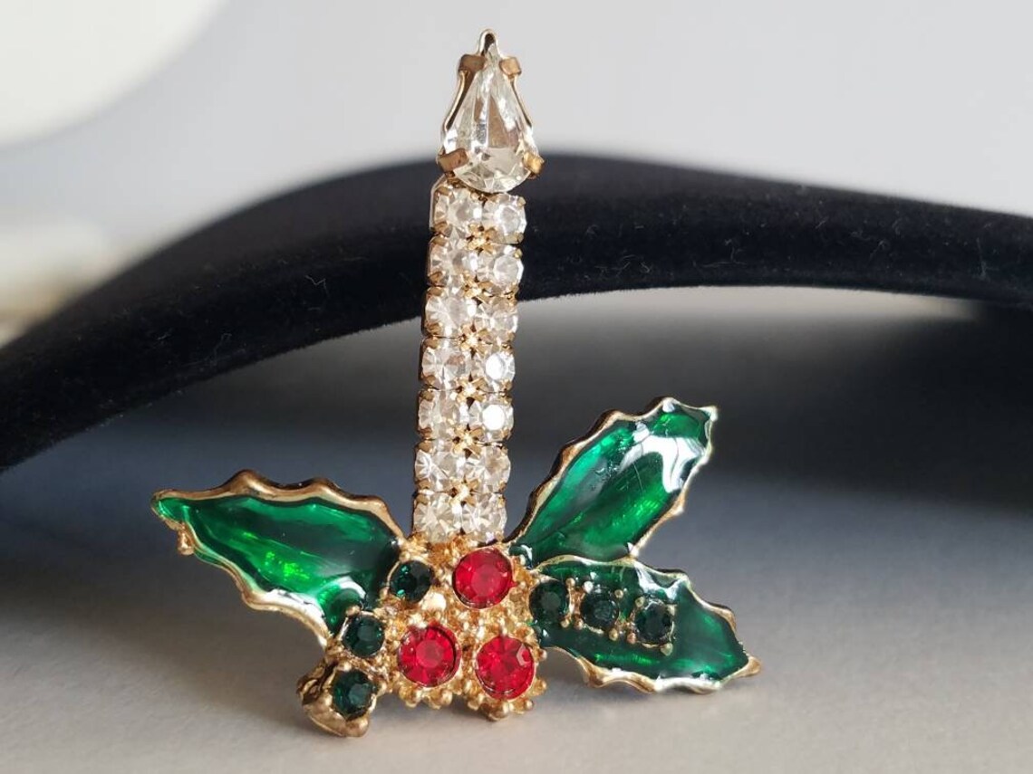 Vintage Christmas Candle Rhinestone Brooch With Holly Berry Etsy