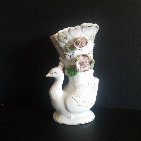 Peacock Bisque Vase With Applied Flowers