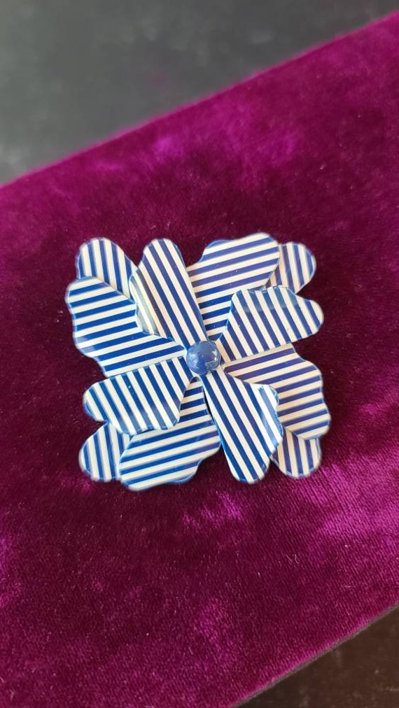 Vintage Blue and White Striped Floral Brooch - image 3