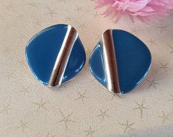 Vintage Blue and Silver Enamel Stud Earrings