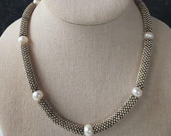 Real Pearl Silver Tone Metal Beaded Necklace Magnetic Closure Vintage