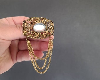 Floral Filigree Gold Tone Brooch with Draped Chains