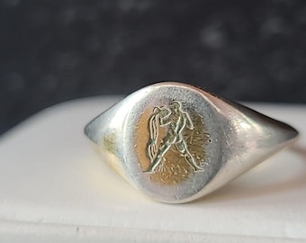 Anillo de sello Acuario de plata de ley 925 tono dorado, talla US 5.75, estilo vintage. LEER