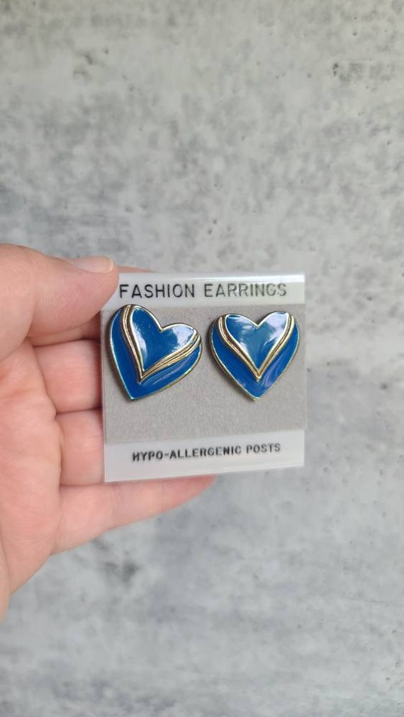 Vintage Heart Shaped Blue and Silver Stud Earrings - image 1