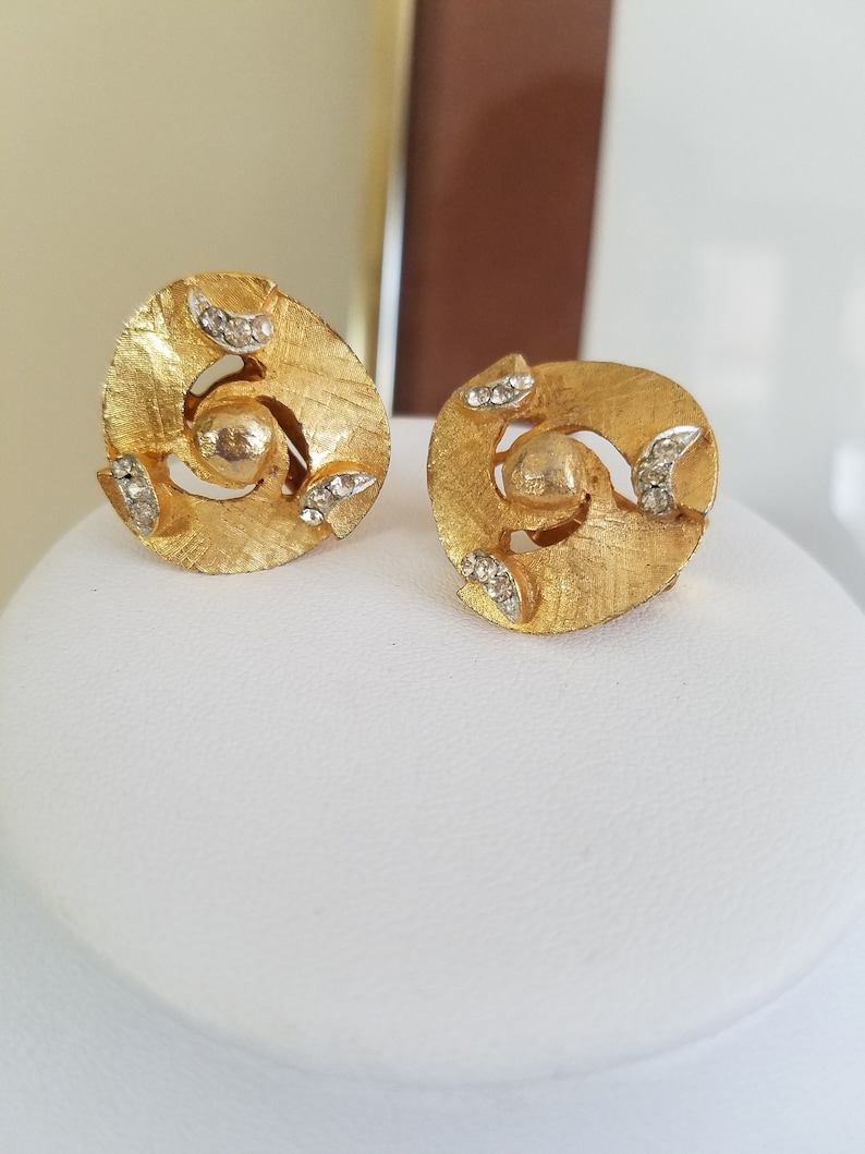 Gold Swirl with Crystal Rhinestones Vintage Clip-on Earrings B.S.N Marked Earrings