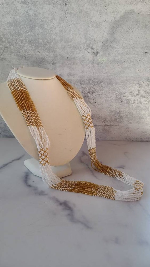 Vintage Woven Beaded Gold and White Necklace