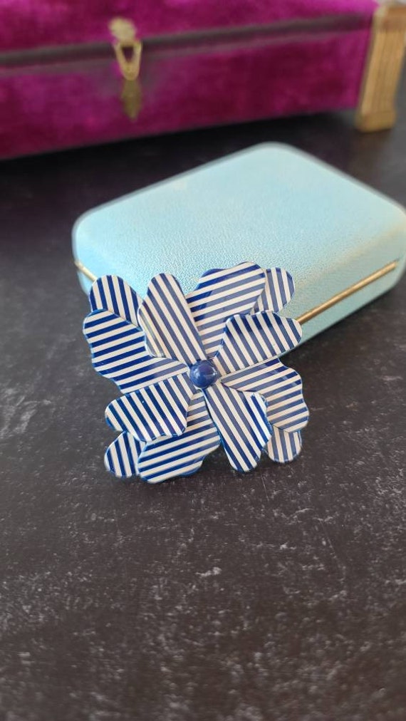 Vintage Blue and White Striped Floral Brooch - image 4