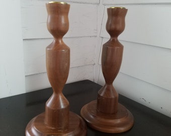 Solid Walnut Candlestick Holders Vintage Wooden Candlesticks