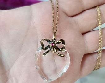14K GF Pink Spinal Accent Bow Heart Shaped Faceted Crystal