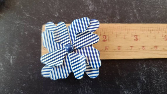 Vintage Blue and White Striped Floral Brooch - image 9