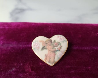 Vintage Cherub Heart Ceramic Brooch