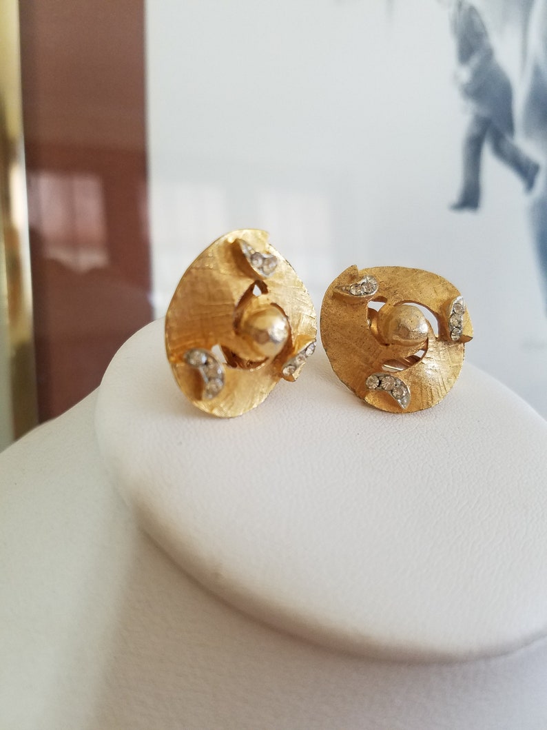 Gold Swirl with Crystal Rhinestones Vintage Clip-on Earrings B.S.N Marked Earrings