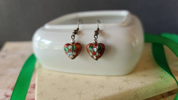 Dangling Cloisonne Heart Earrings - image 5