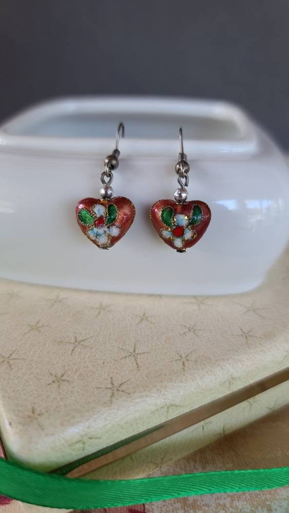 Dangling Cloisonne Heart Earrings - image 3