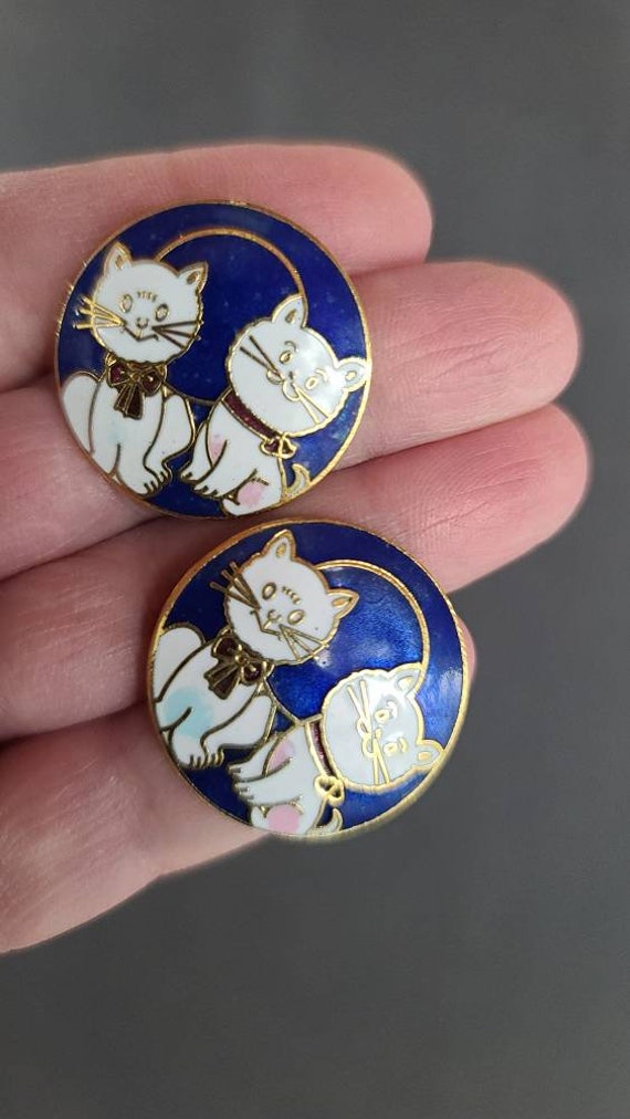 Vintage Cloisonne Cat Earrings Gem
