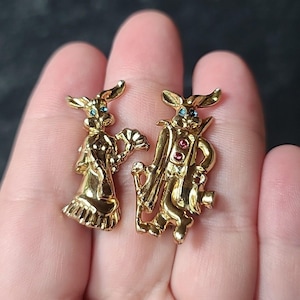 Rhinestone Rabbit Couple Shaped Gold Tone Brooches Vintage Costume Jewelry