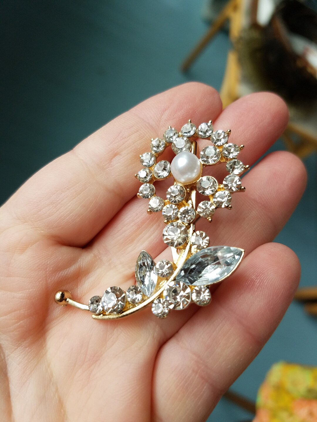 Rene Flower Rhinestone Bijou Crystal Pearl Silver Brooch