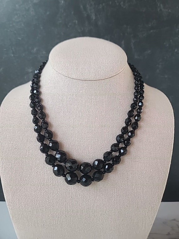 Faceted Black Glass Double Stranded Beaded Neckla… - image 2
