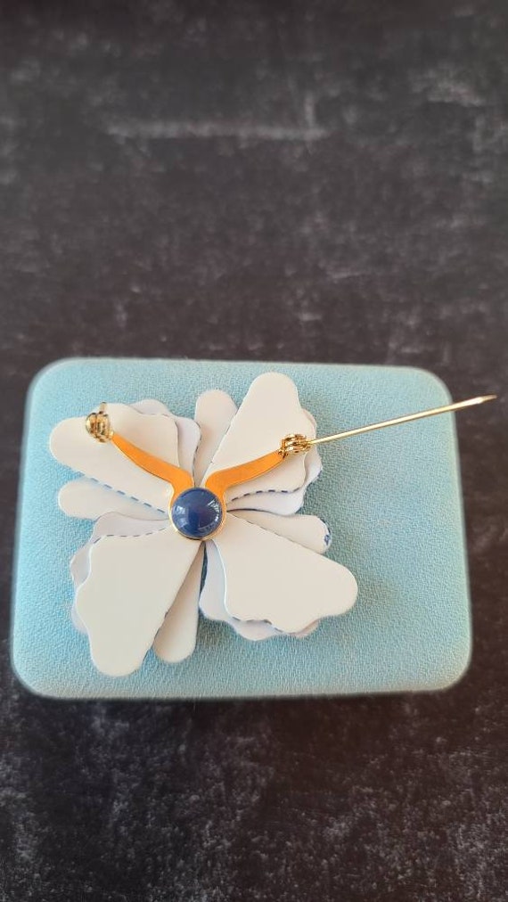 Vintage Blue and White Striped Floral Brooch - image 8