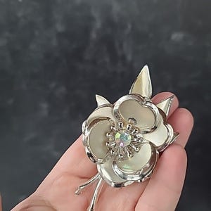 Silver Floral Rhinestone Brooch Vintage