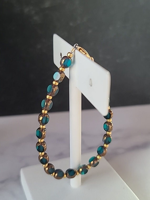 Vintage Blue/Aqua Glass And Gold Tone Metal Beade… - image 4