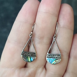 925 Sterling Silver Abalone Shell Dangling Pierced Earrings Vintage