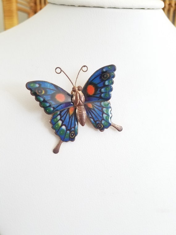 Vintage Blue Green Orange Resin Butterfly Brooch/… - image 2