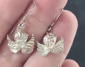 925 Sterling Silver Cherub Shaped Dangling Pierced Earrings Vintage