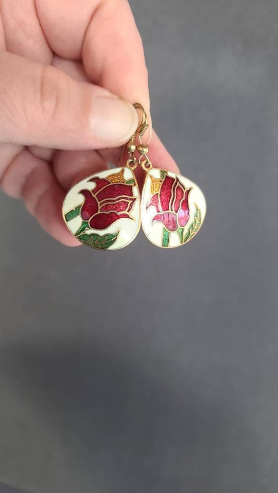 Red White Gold Cloisonne Earrings Red Floral Earrings Red Dangles