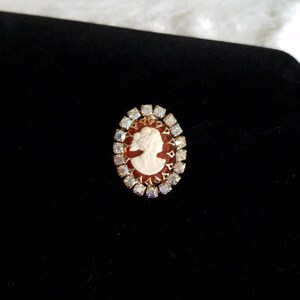 Aurora Borealis and Resin Cameo Brooch, Vintage Costume Jewelry