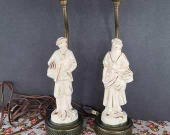 Vintage Pair of Ceramic Victorian Man and Woman Figurine Lamps