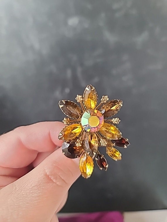 Vintage Prong Set Citrine And Amber Rhinestone Flo