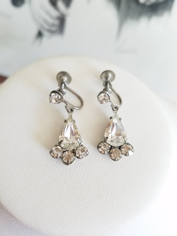Clear Rhinestone Dangling Drop Screwback Earrings - image 1