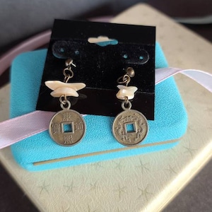 Oriental Coin and Shell Dangling Earrings