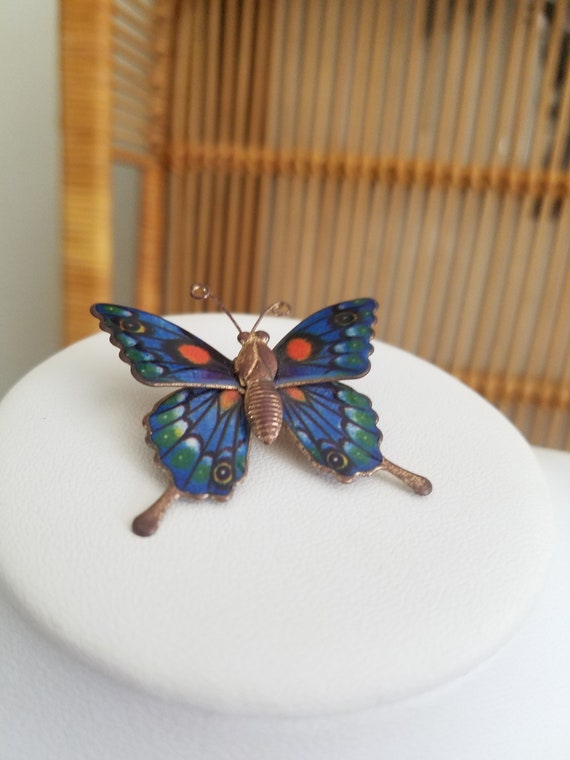 Vintage Blue Green Orange Resin Butterfly Brooch/… - image 5