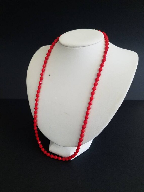 Cherry Red Single Strand Beaded Necklace, Faceted… - image 2