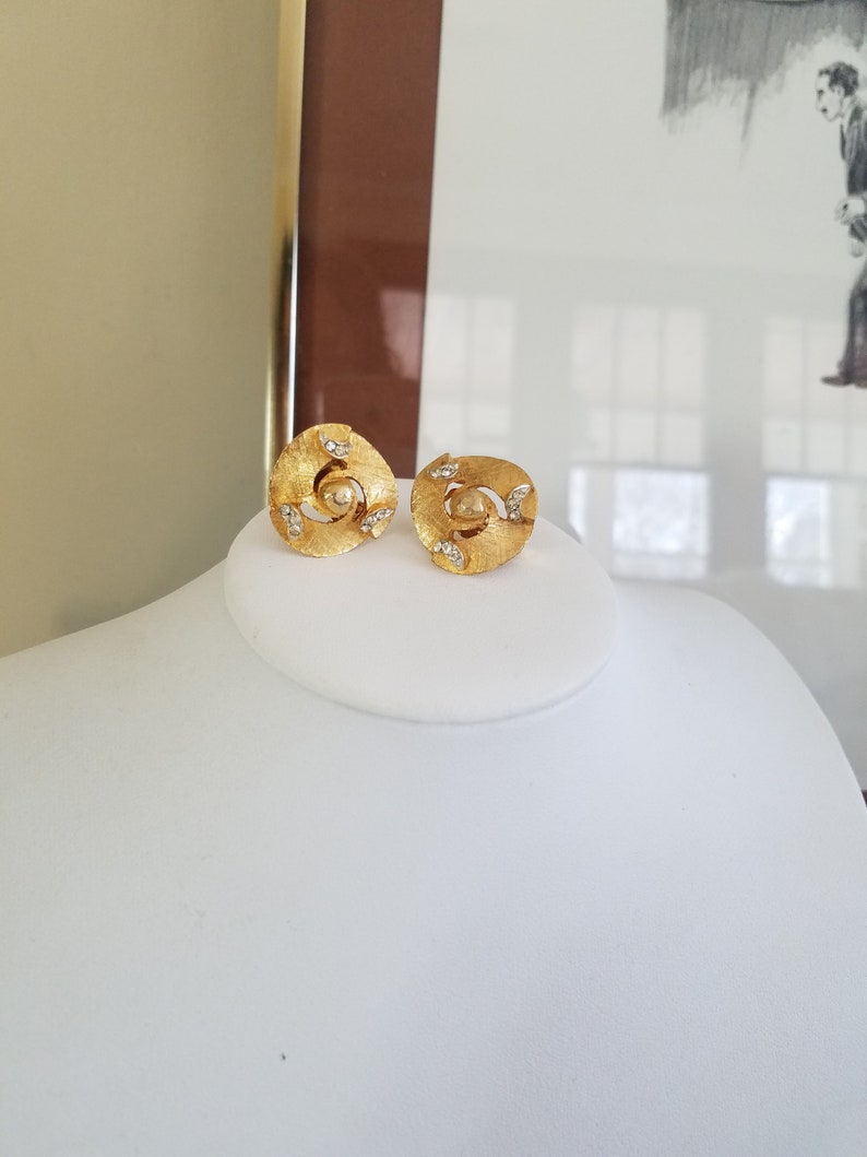 Gold Swirl with Crystal Rhinestones Vintage Clip-on Earrings B.S.N Marked Earrings