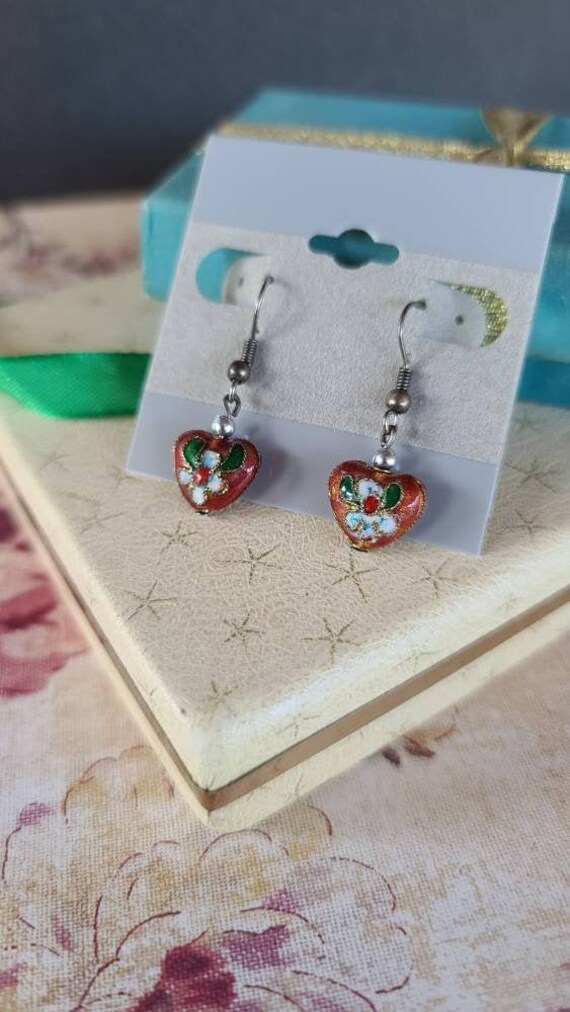 Dangling Cloisonne Heart Earrings - image 1