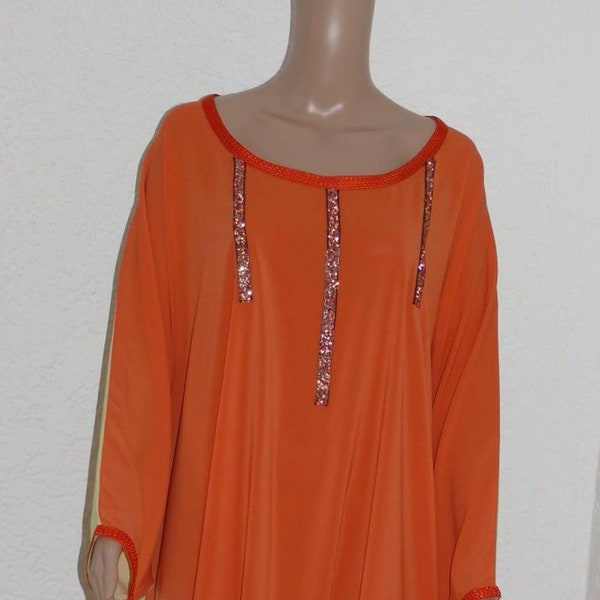 Robe Maxi d'Été Femme Orange Vert Kaftan Oversise Caftan Abaya avec Ruban Strass Taille 40/44