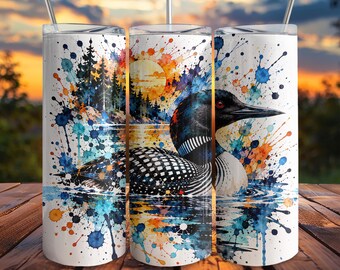 Loon Tumbler Wrap PNG 20oz Skinny Tumbler Wrap Digital Download Seamless PNG Watercolor Lake Life Bird Wildlife Sublimation Design