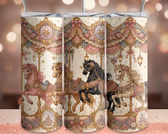 Carousel Horse Tumbler Wrap PNG, Vintage Fairytale Carousel Sublimation, Coquette Carnival 20oz Skinny Tumbler Wrap, Romantic Horse Design