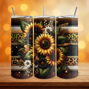 Sunflower Leopard 20oz Tumbler Wrap Digital Download PNG, Floral Glitter Tumbler Sublimation Design, Sunflower Tumbler PNG