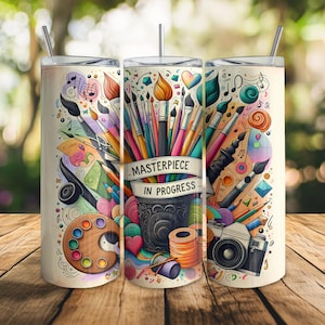 Artistic 20oz Skinny Tumbler Wrap, Masterpiece in Progress Tumbler PNG, Digital Download Seamless Design, Artist Tumbler Wrap